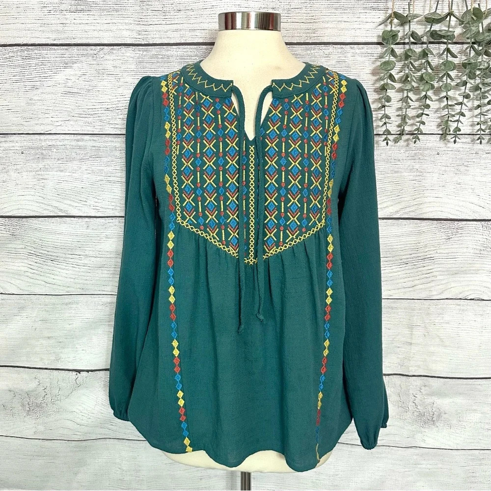 Savanna Jane Top Embroidered Aztec Western Boho Peasant Long Sleeve Shirt Small